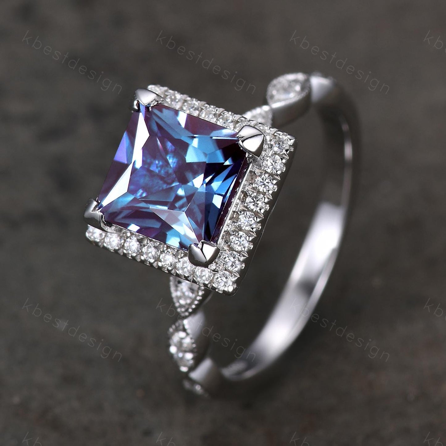 7mm Princess cut Alexandrite Engagement Ring Unique Art Deco Moissanite Halo Ring Square Ring Alexandrite Bridal Jewelry June Promise Ring