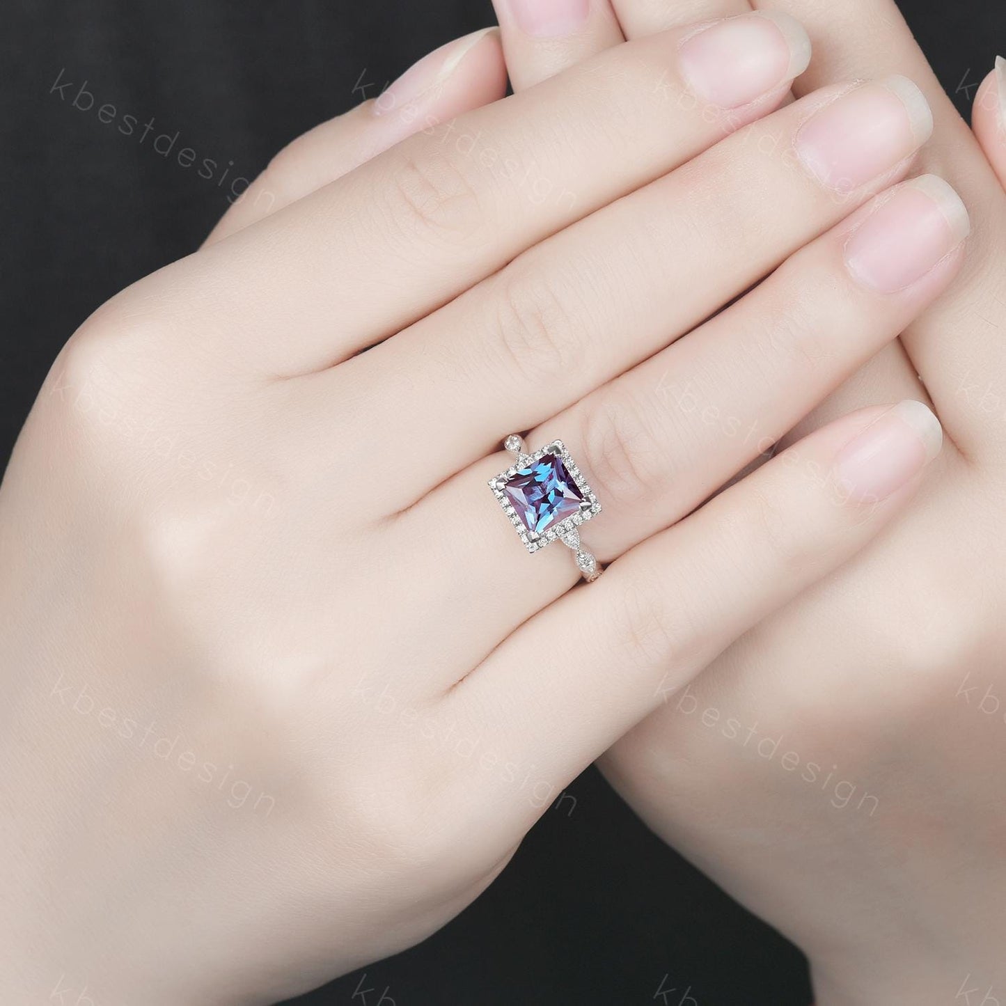 7mm Princess cut Alexandrite Engagement Ring Unique Art Deco Moissanite Halo Ring Square Ring Alexandrite Bridal Jewelry June Promise Ring