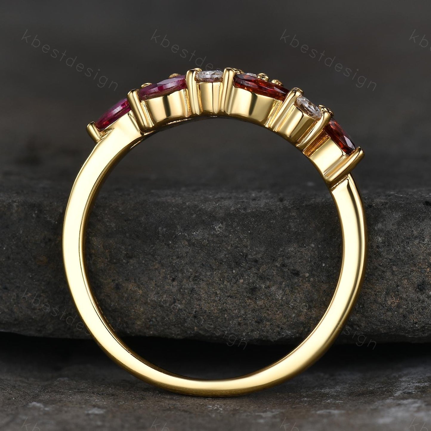 Ruby Garnet cluster wedding band Yellow gold marquise cut wedding band Vintage Moissanite ring family gemstone ring Anniversary gift for her