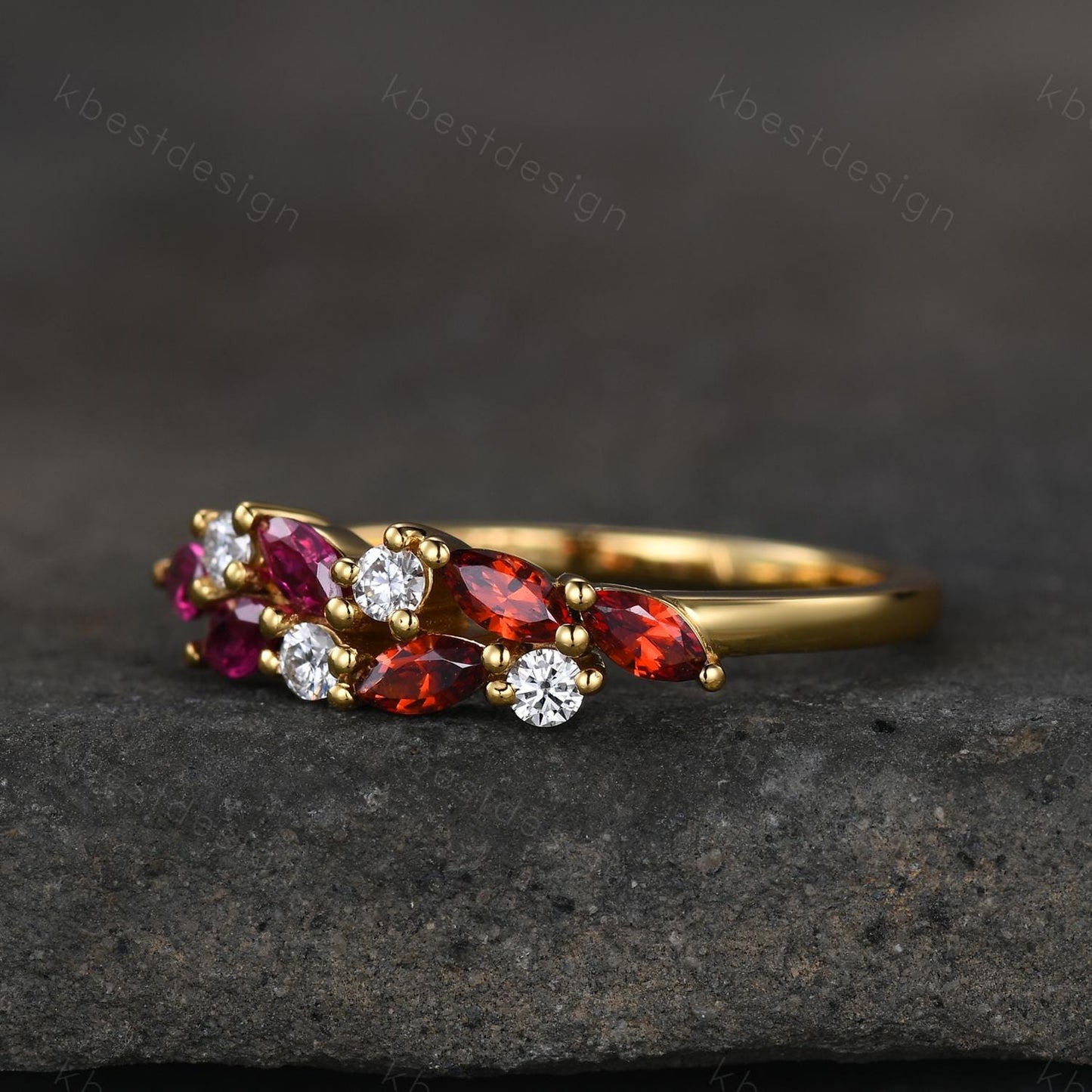 Ruby Garnet cluster wedding band Yellow gold marquise cut wedding band Vintage Moissanite ring family gemstone ring Anniversary gift for her