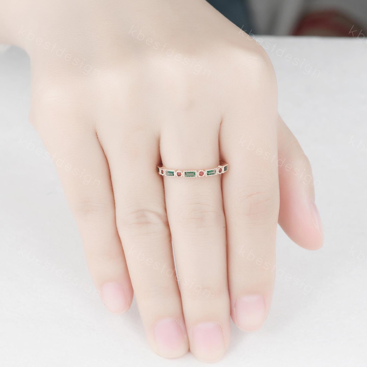 Emerald Wedding Band Half Eternity Band Emerald Garnet Band Art Deco Stacking Wedding Ring Anniversary Ring Rose Gold Band For Women