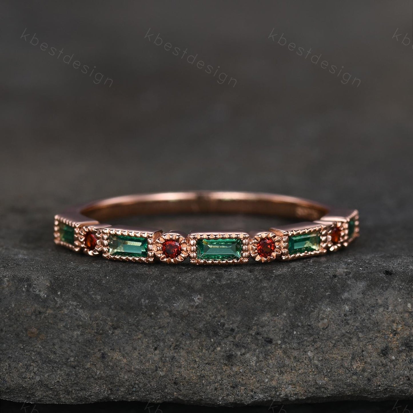 Emerald Wedding Band Half Eternity Band Emerald Garnet Band Art Deco Stacking Wedding Ring Anniversary Ring Rose Gold Band For Women