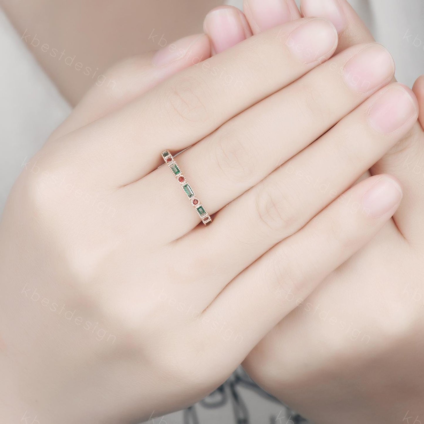 Emerald Wedding Band Half Eternity Band Emerald Garnet Band Art Deco Stacking Wedding Ring Anniversary Ring Rose Gold Band For Women