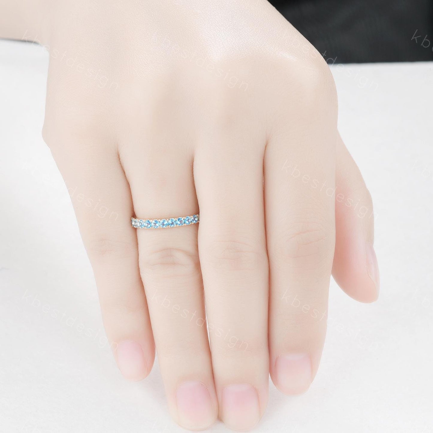 2mm Blue Topaz Wedding Band 14K Solid Gold Half Eternity Stacking Band December Wedding Band Women Matching Band Promise Anniversary Gift
