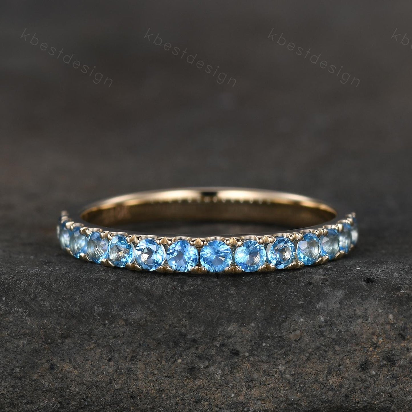 2mm Blue Topaz Wedding Band 14K Solid Gold Half Eternity Stacking Band December Wedding Band Women Matching Band Promise Anniversary Gift