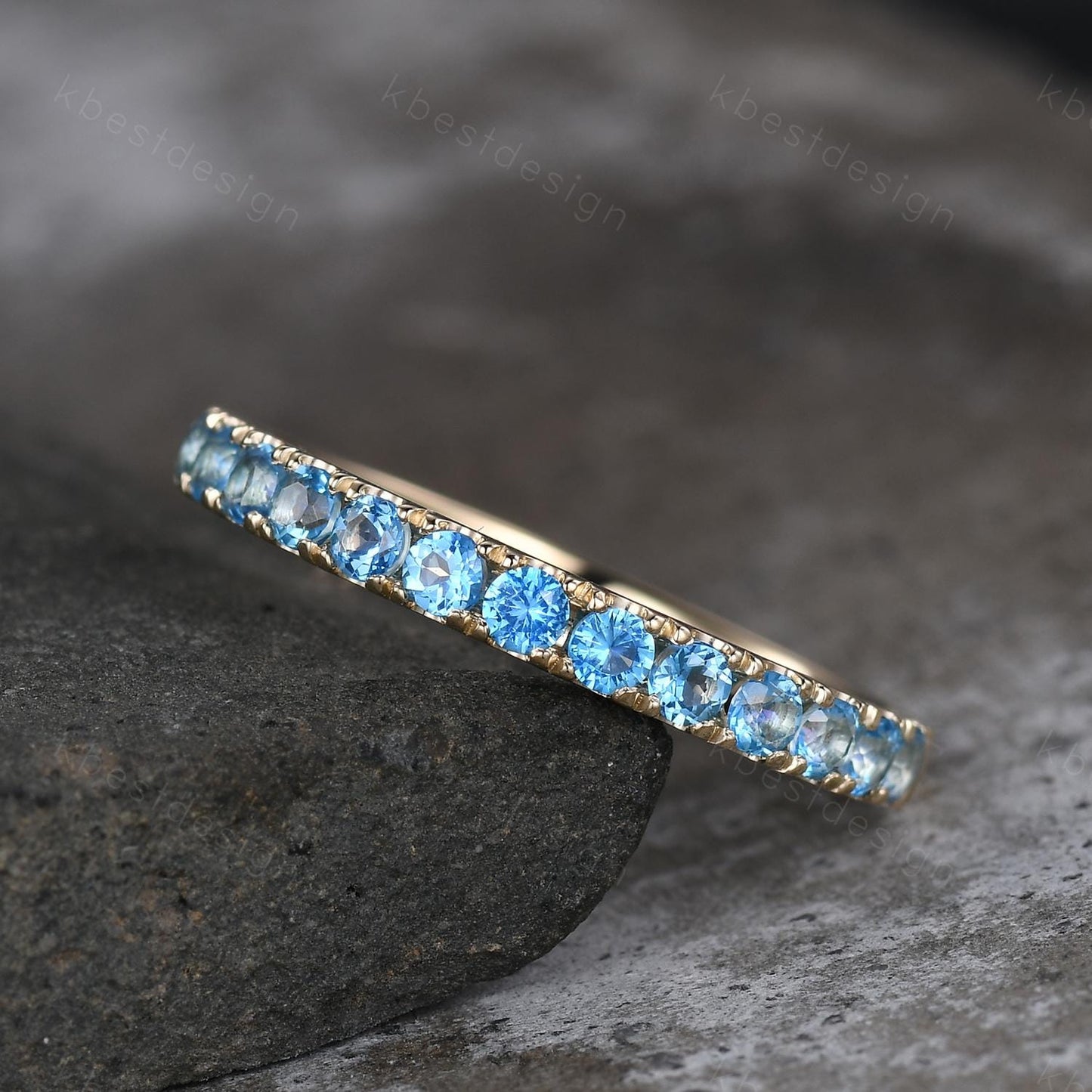 2mm Blue Topaz Wedding Band 14K Solid Gold Half Eternity Stacking Band December Wedding Band Women Matching Band Promise Anniversary Gift