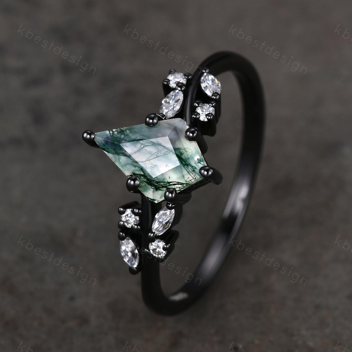 Vintage moss agate engagement ring unique black gold promise ring for women moissanite cluster ring kite cut bridal anniversary ring