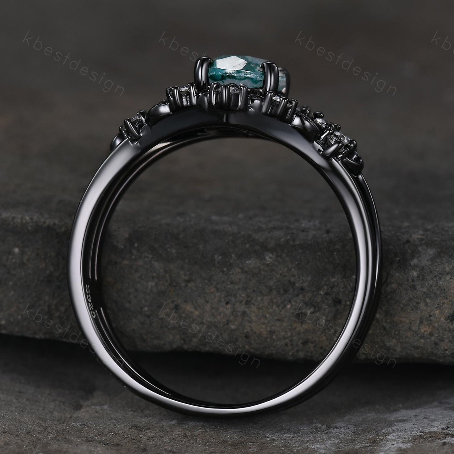 3PCS oval moss agate engagement ring set black gold twig leaf moissanite ring nature branch ring unique art deco bridal wedding ring set