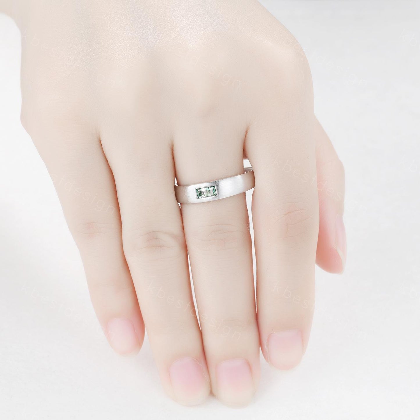 Mens Moss agate Wedding Band Baguette Cut Green Agate Band 5mm White Gold Men's Stacking Matching Band Brush Finished Band Gift for Him