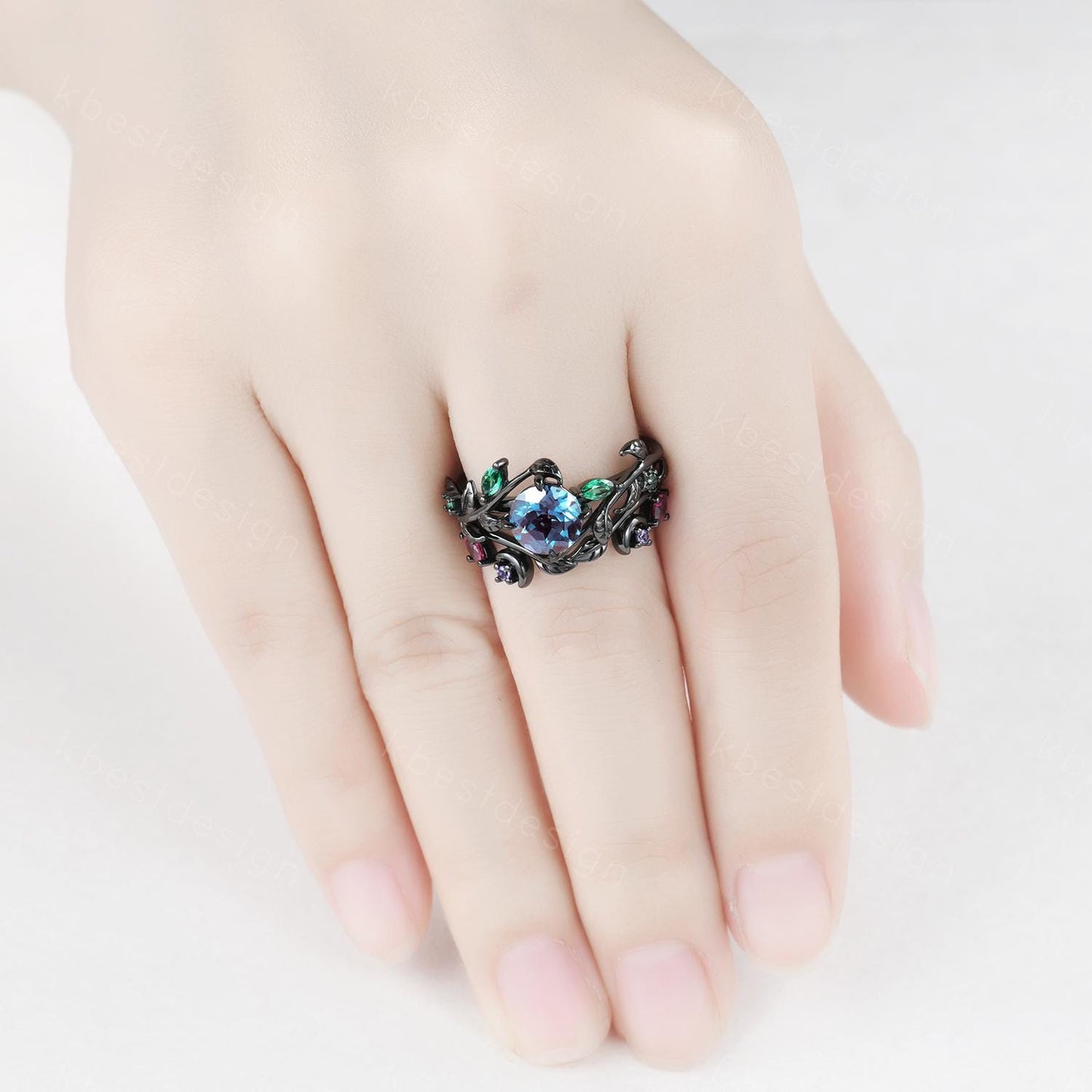 Vintage round cut alexandrite engagement ring black gold art deco cluster leaf wedding ring set multi stone ring bridal promise ring for her