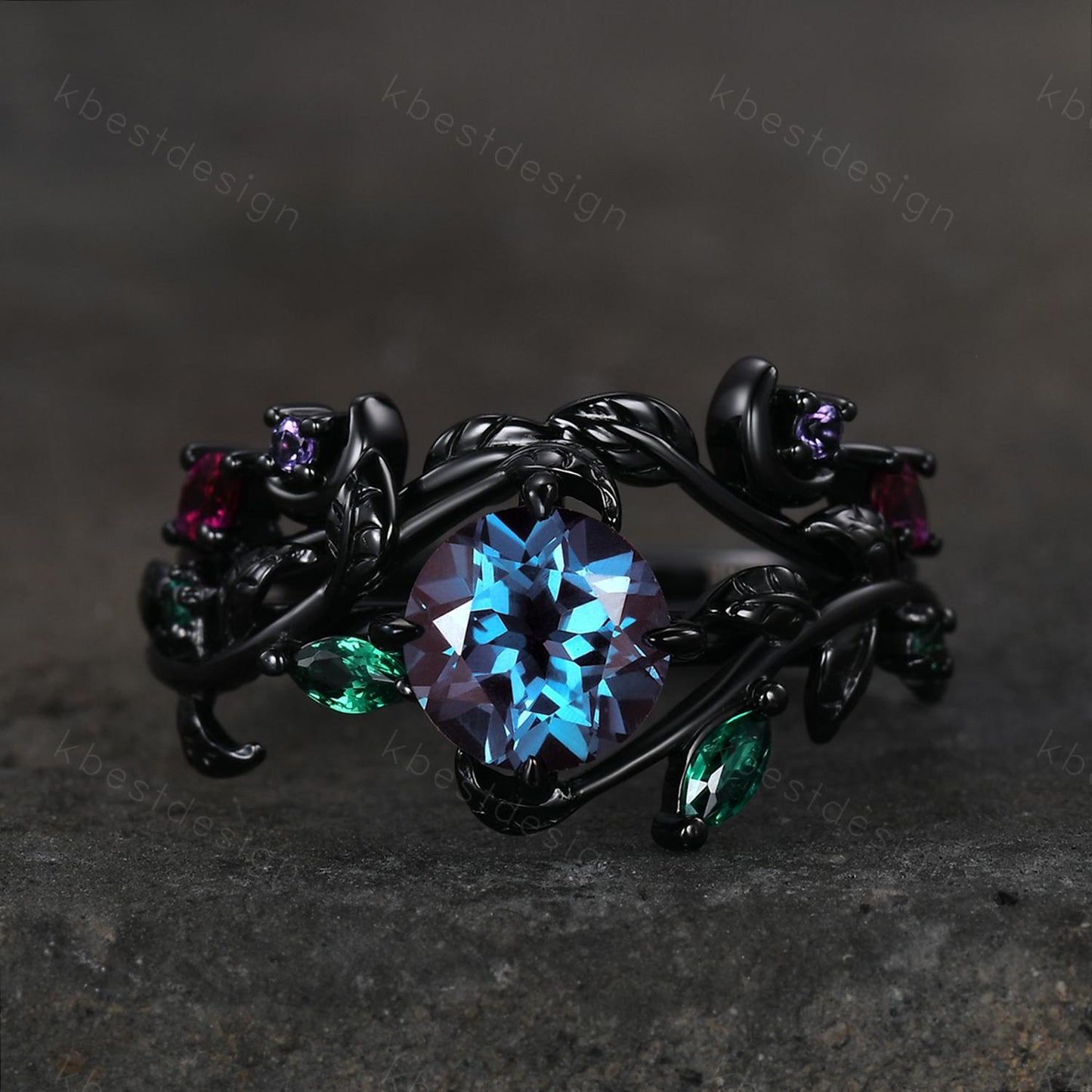 Vintage round cut alexandrite engagement ring black gold art deco cluster leaf wedding ring set multi stone ring bridal promise ring for her