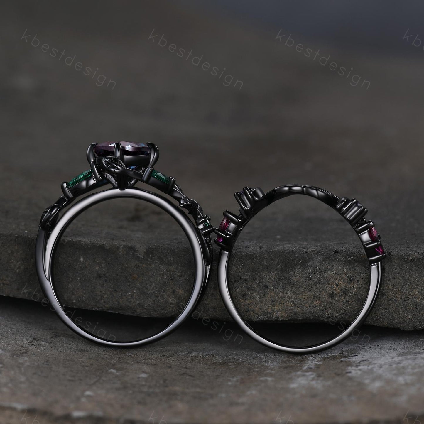 Vintage round cut alexandrite engagement ring black gold art deco cluster leaf wedding ring set multi stone ring bridal promise ring for her