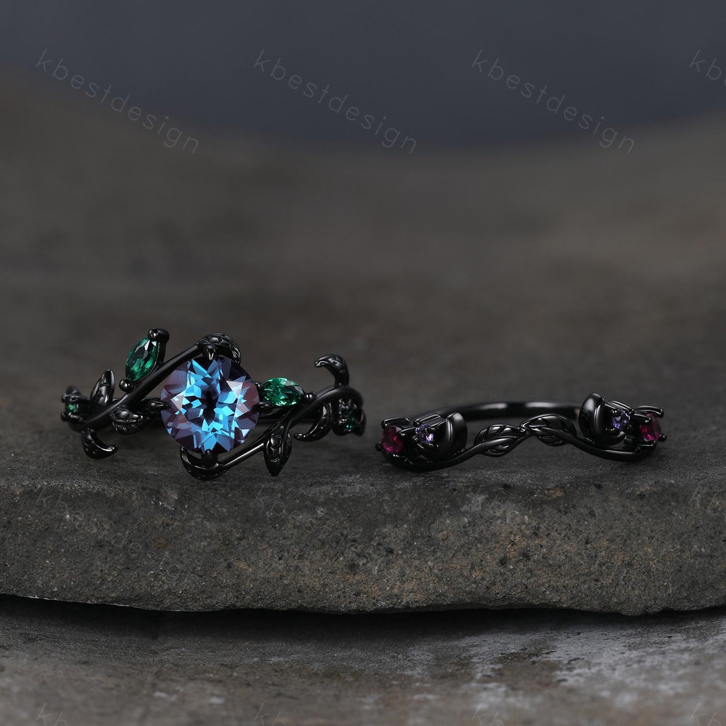Vintage round cut alexandrite engagement ring black gold art deco cluster leaf wedding ring set multi stone ring bridal promise ring for her