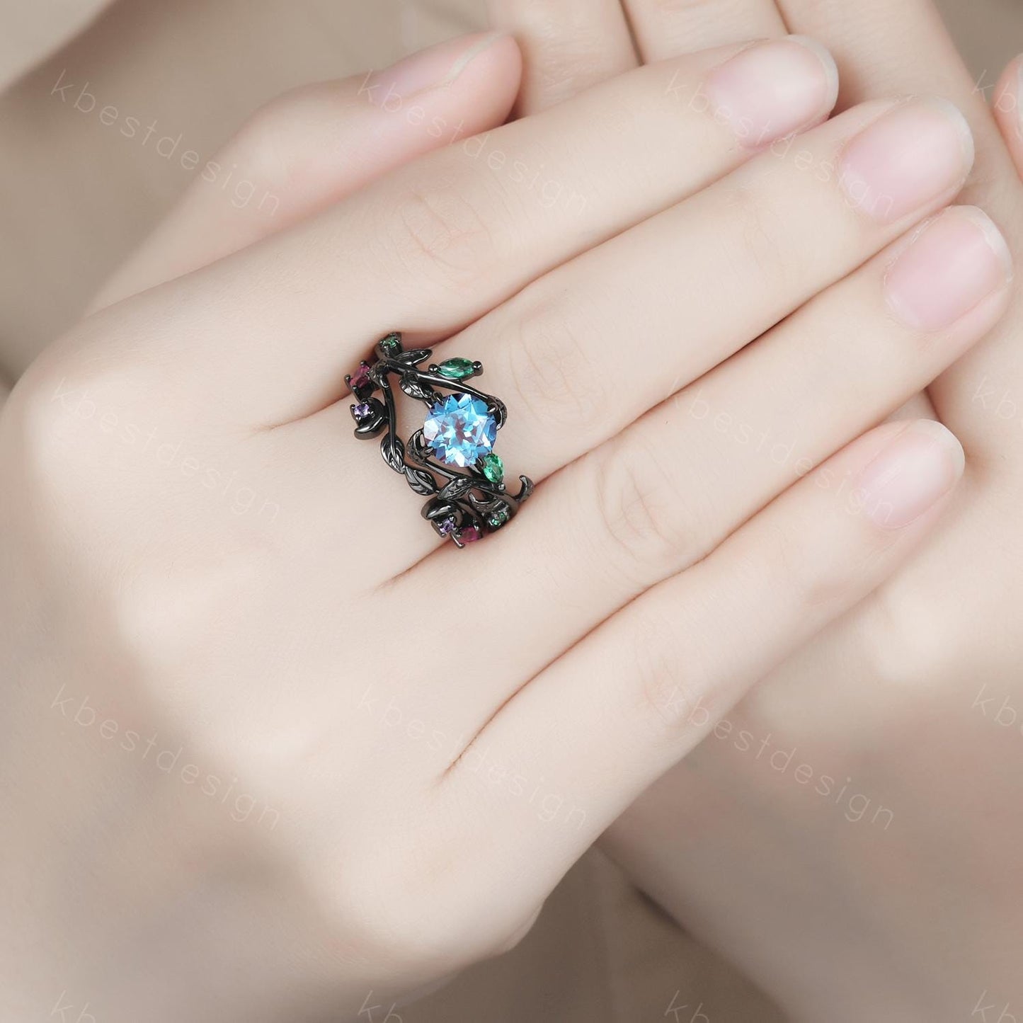 Vintage round cut alexandrite engagement ring black gold art deco cluster leaf wedding ring set multi stone ring bridal promise ring for her