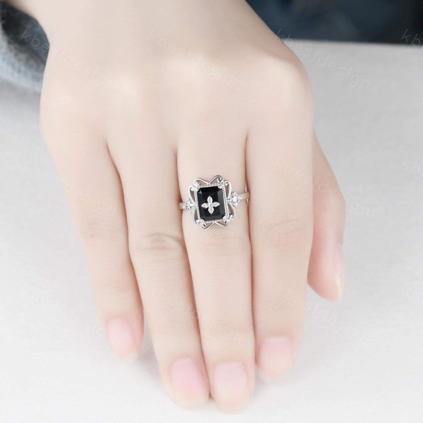 Antique black onyx engagement ring 7x9mm emerald cut gemstone statement ring sterling silver ring for women vintage bridal promise ring