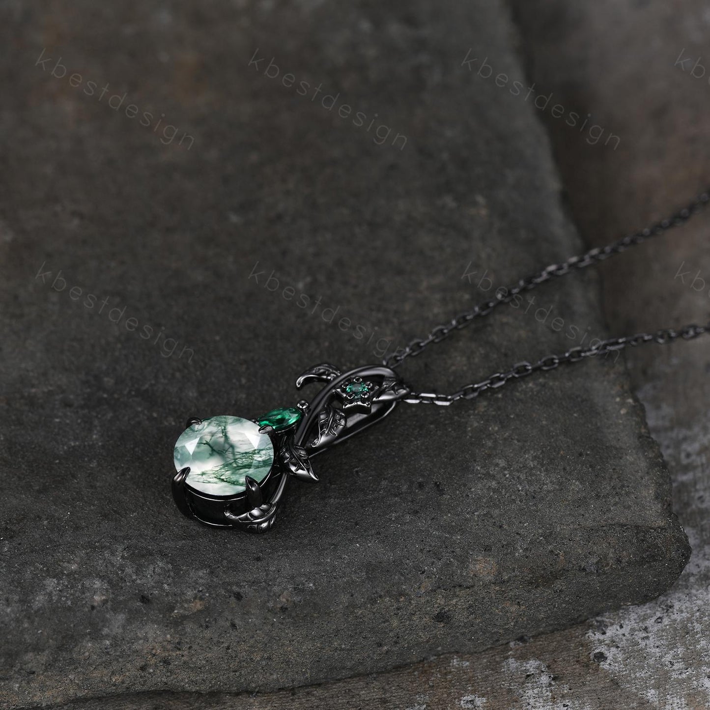 Gothic moss agate necklace women black gold pendant necklace round cut pendant art deco emerald leaf necklace anniversary gift for her