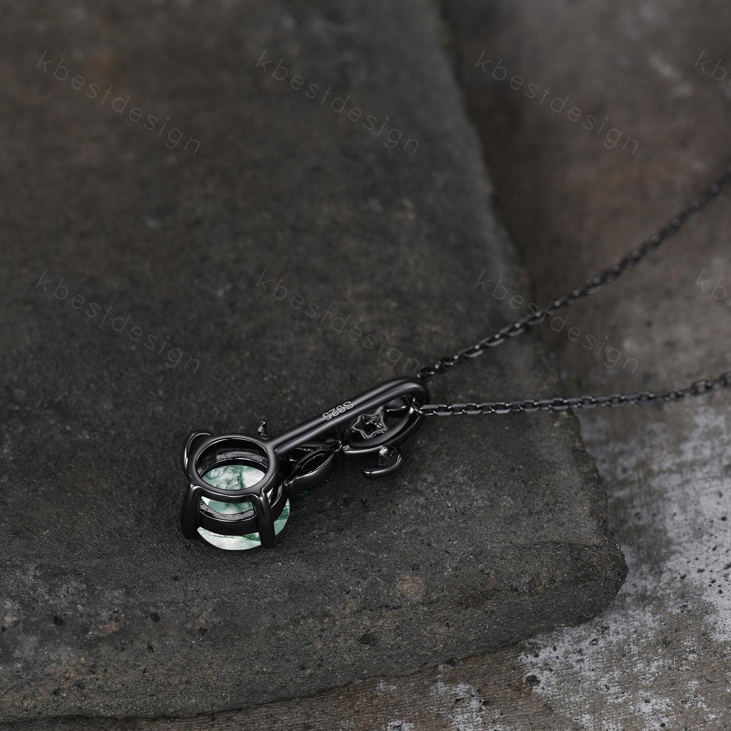 Gothic moss agate necklace women black gold pendant necklace round cut pendant art deco emerald leaf necklace anniversary gift for her