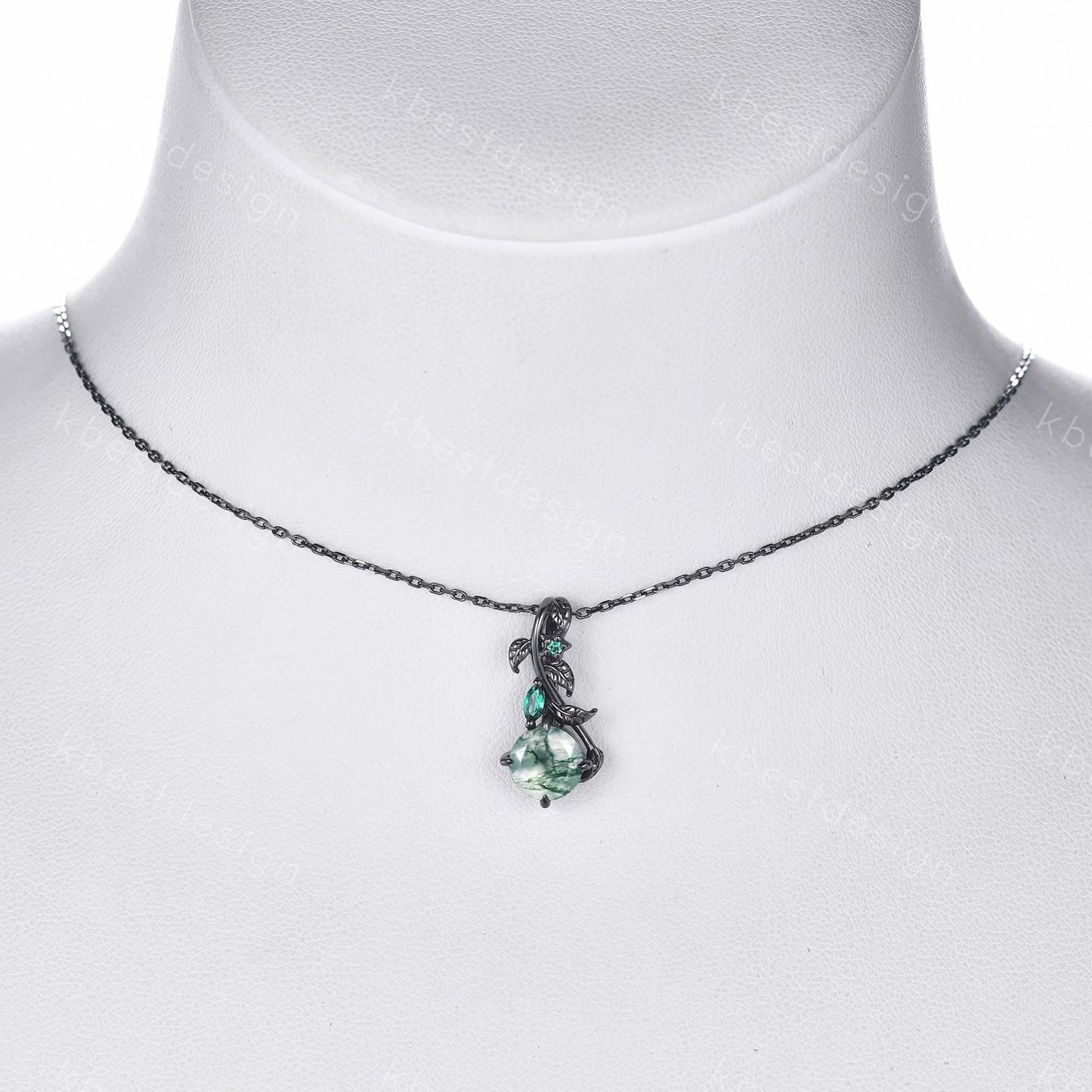 Gothic moss agate necklace women black gold pendant necklace round cut pendant art deco emerald leaf necklace anniversary gift for her