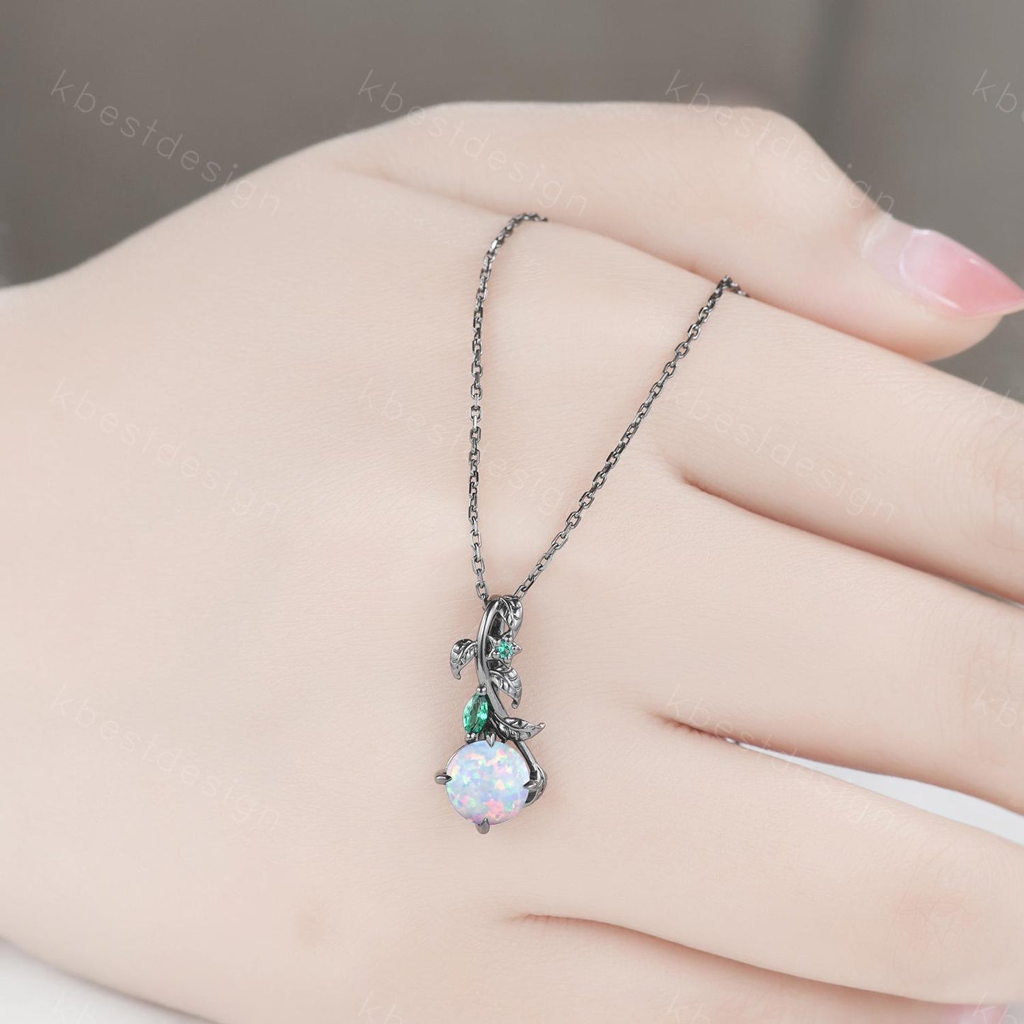 Round cut white opal necklace women black gold pendant necklace unique gothic pendant art deco emerald leaf necklace anniversary gift