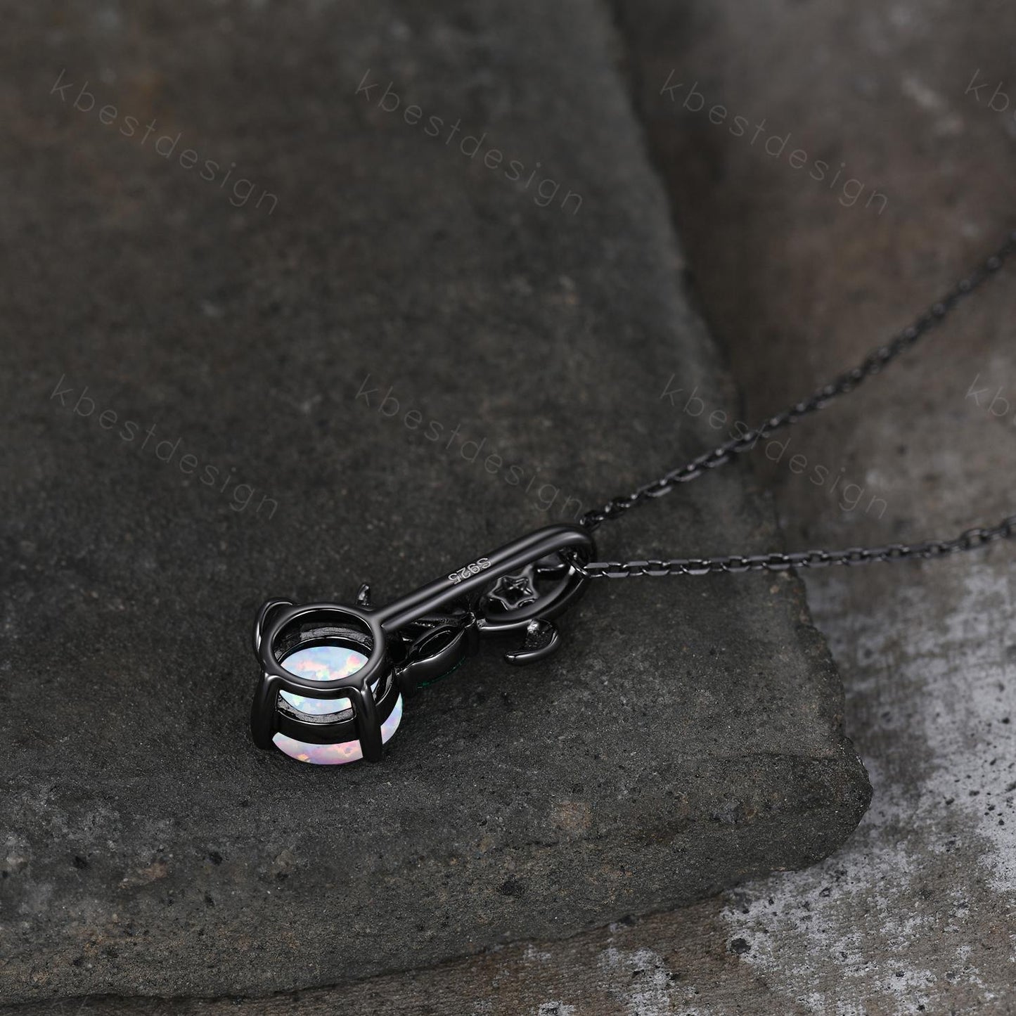 Round cut white opal necklace women black gold pendant necklace unique gothic pendant art deco emerald leaf necklace anniversary gift