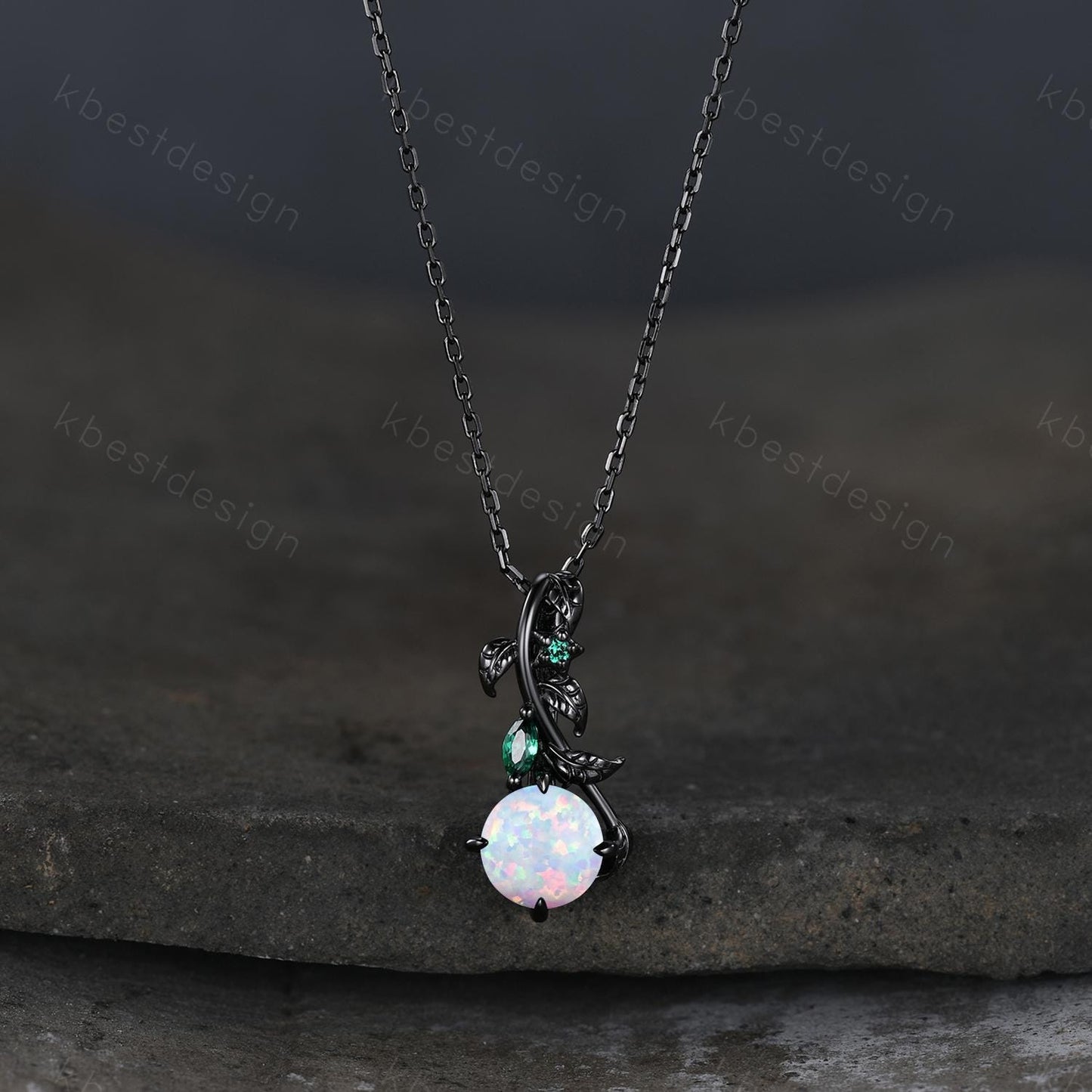 Round cut white opal necklace women black gold pendant necklace unique gothic pendant art deco emerald leaf necklace anniversary gift