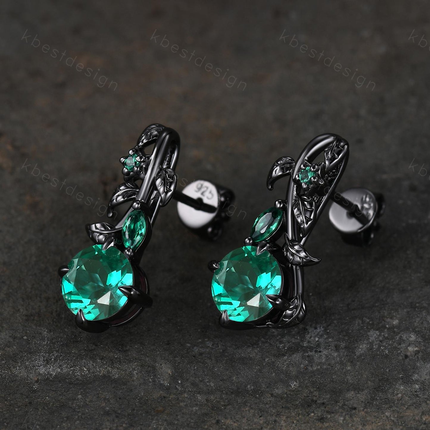 Nature inspired Emerald earrings women black gold earring studs leaf style unique earrings art deco studs anniversary gift for her