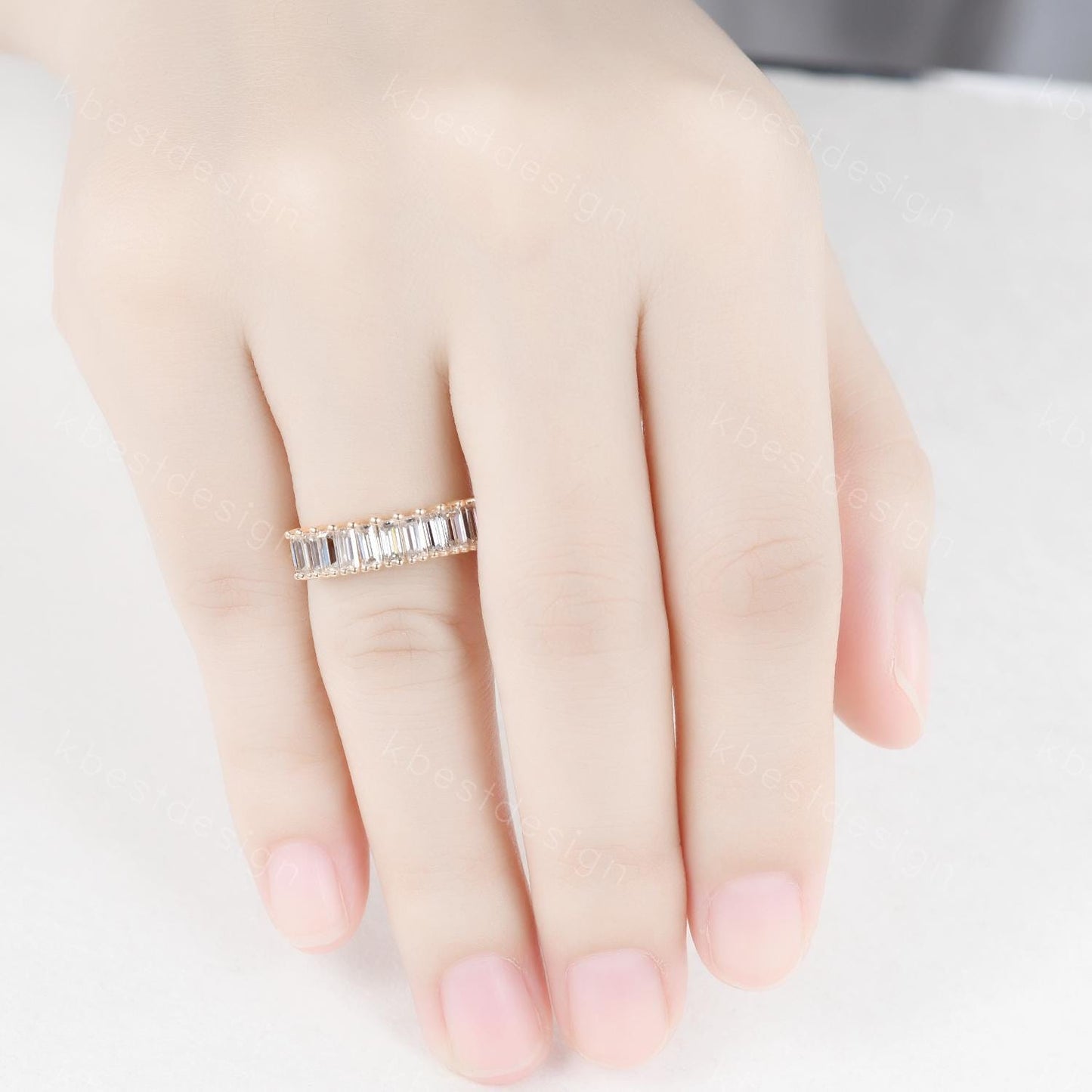 Baguette cut Moissanite wedding band women Vintage Half eternity band Yellow gold wedding band Unique Stacking Matching bridal promise ring