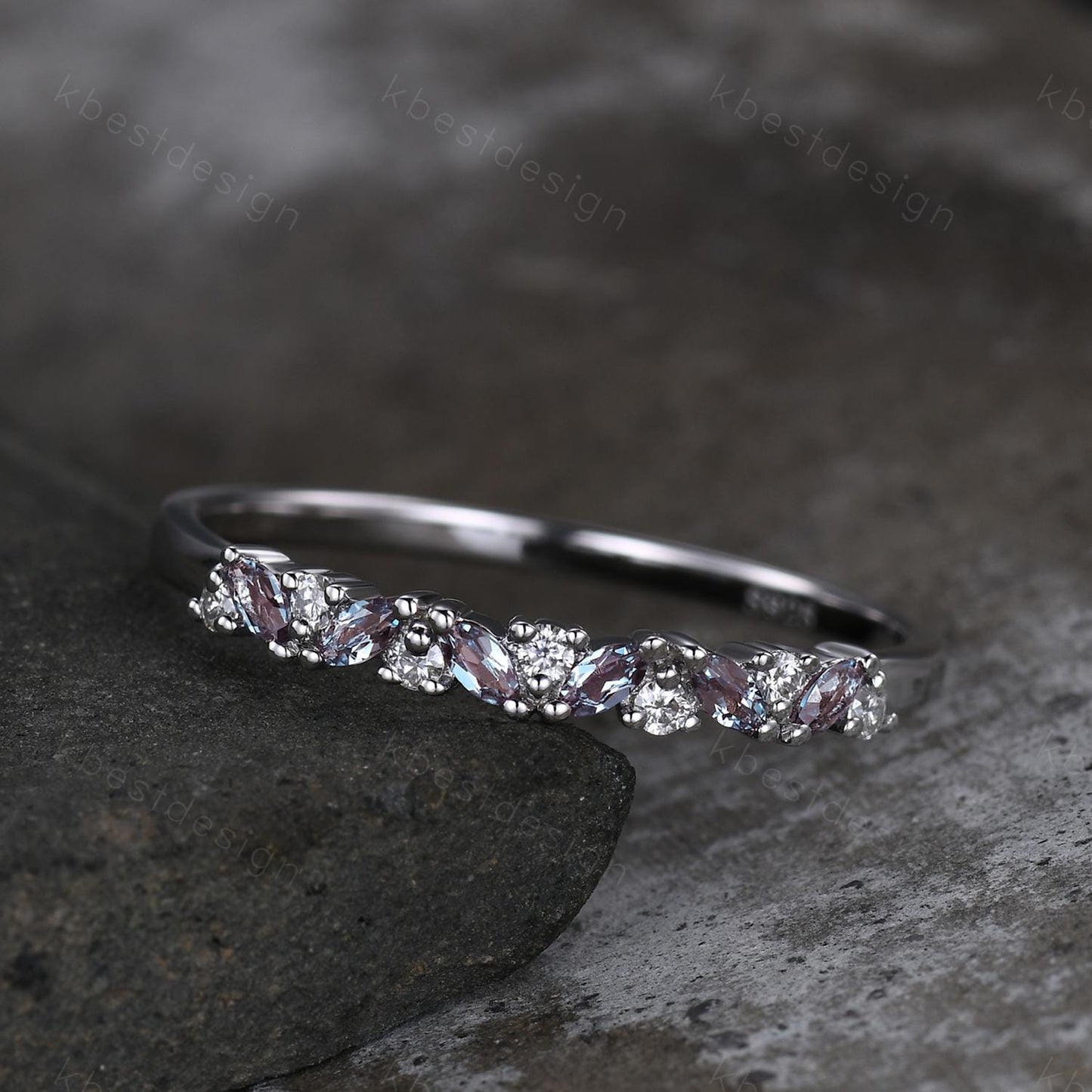 Alexandrite cluster wedding band Unique marquise cut wedding band Vintage Moissanite ring Platinum white gold ring Anniversary gift for her