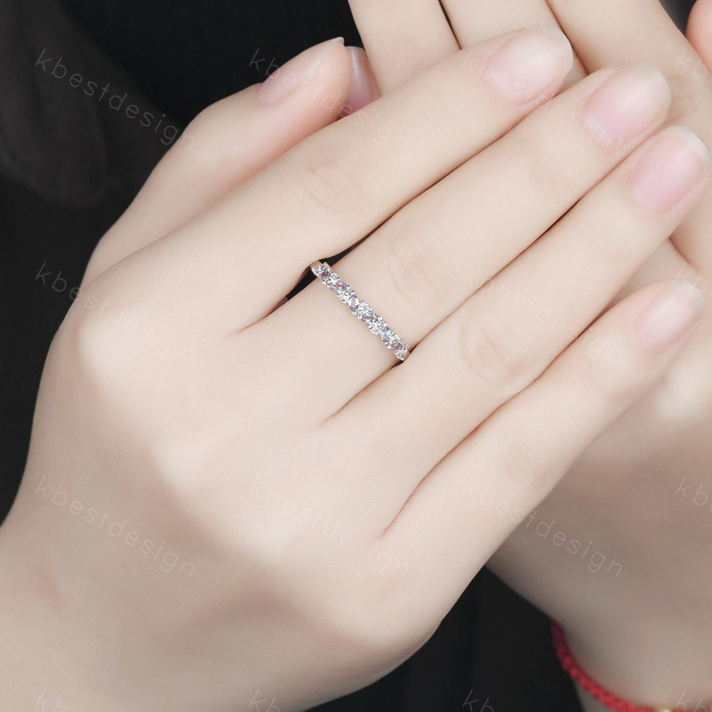 Alexandrite cluster wedding band Unique marquise cut wedding band Vintage Moissanite ring Platinum white gold ring Anniversary gift for her