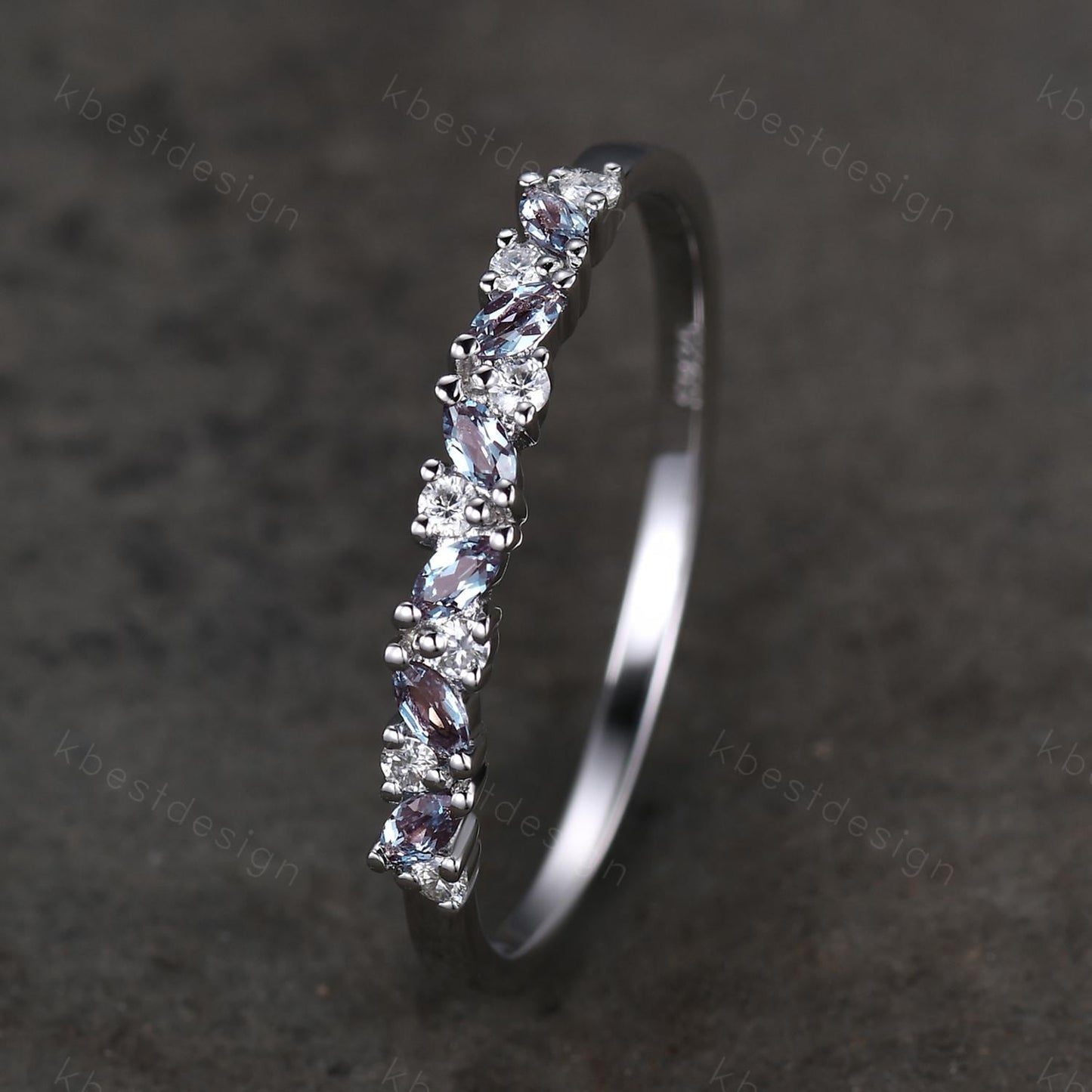 Alexandrite cluster wedding band Unique marquise cut wedding band Vintage Moissanite ring Platinum white gold ring Anniversary gift for her