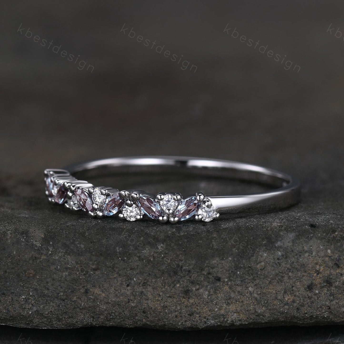 Alexandrite cluster wedding band Unique marquise cut wedding band Vintage Moissanite ring Platinum white gold ring Anniversary gift for her