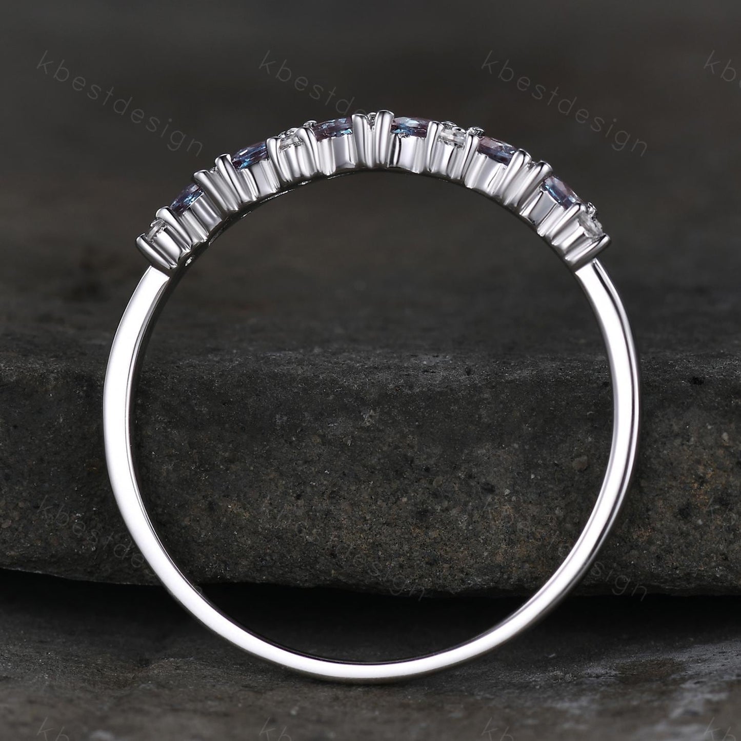 Alexandrite cluster wedding band Unique marquise cut wedding band Vintage Moissanite ring Platinum white gold ring Anniversary gift for her