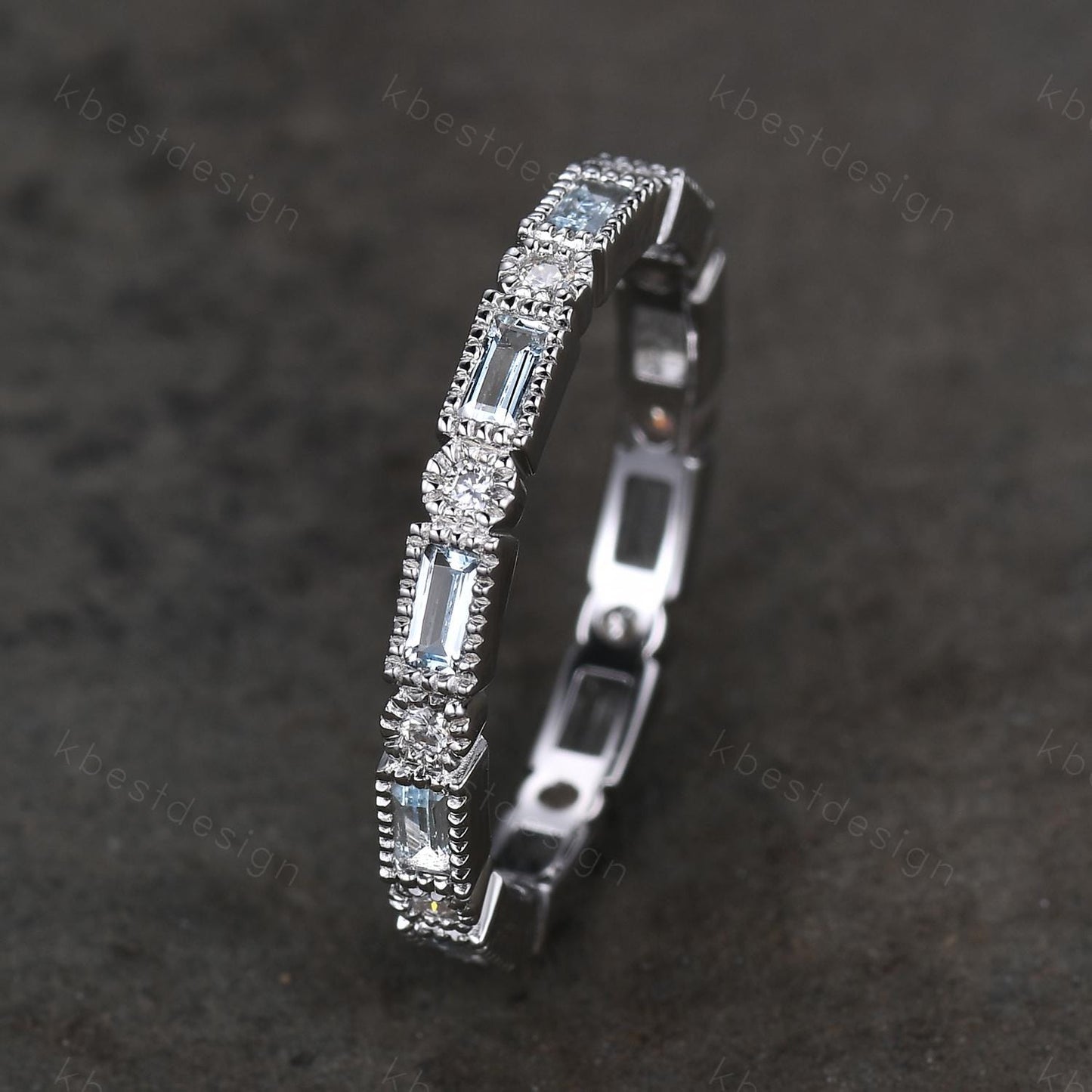 Unique Aquamarine Wedding Band, Baguette Aquamarine Wedding Band, March Birthstone Ring, Art deco Wedding Ring, Anniversary Ring Gift