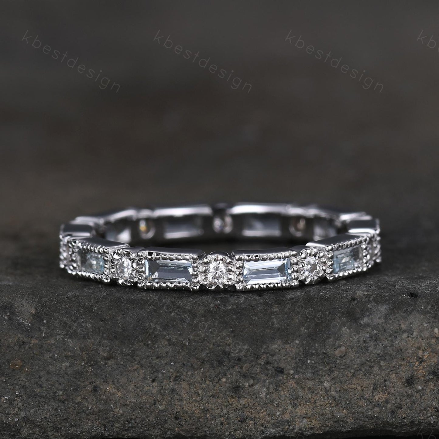 Unique Aquamarine Wedding Band, Baguette Aquamarine Wedding Band, March Birthstone Ring, Art deco Wedding Ring, Anniversary Ring Gift