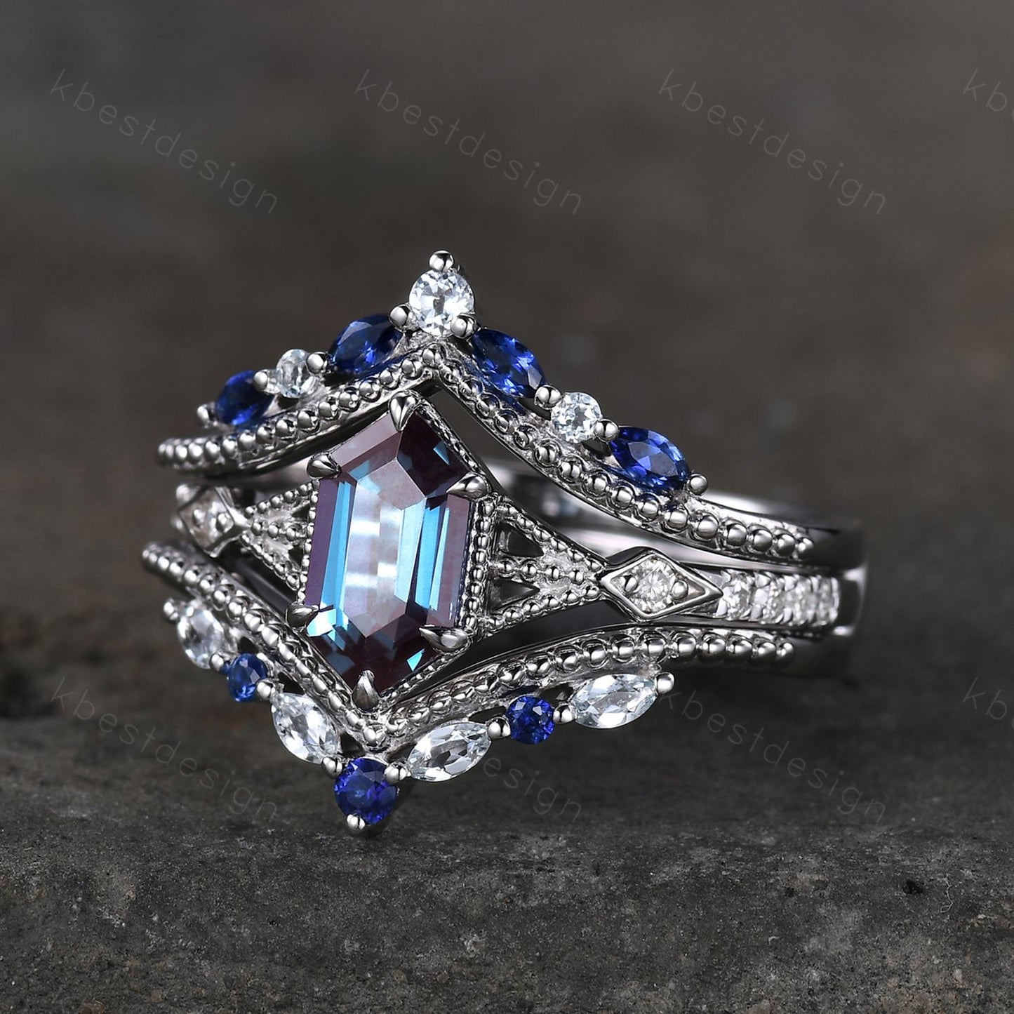Vintage Alexandrite engagement ring Set Unique art deco milgrain bridal ring Double curved Blue Sapphire wedding band Promise Ring set