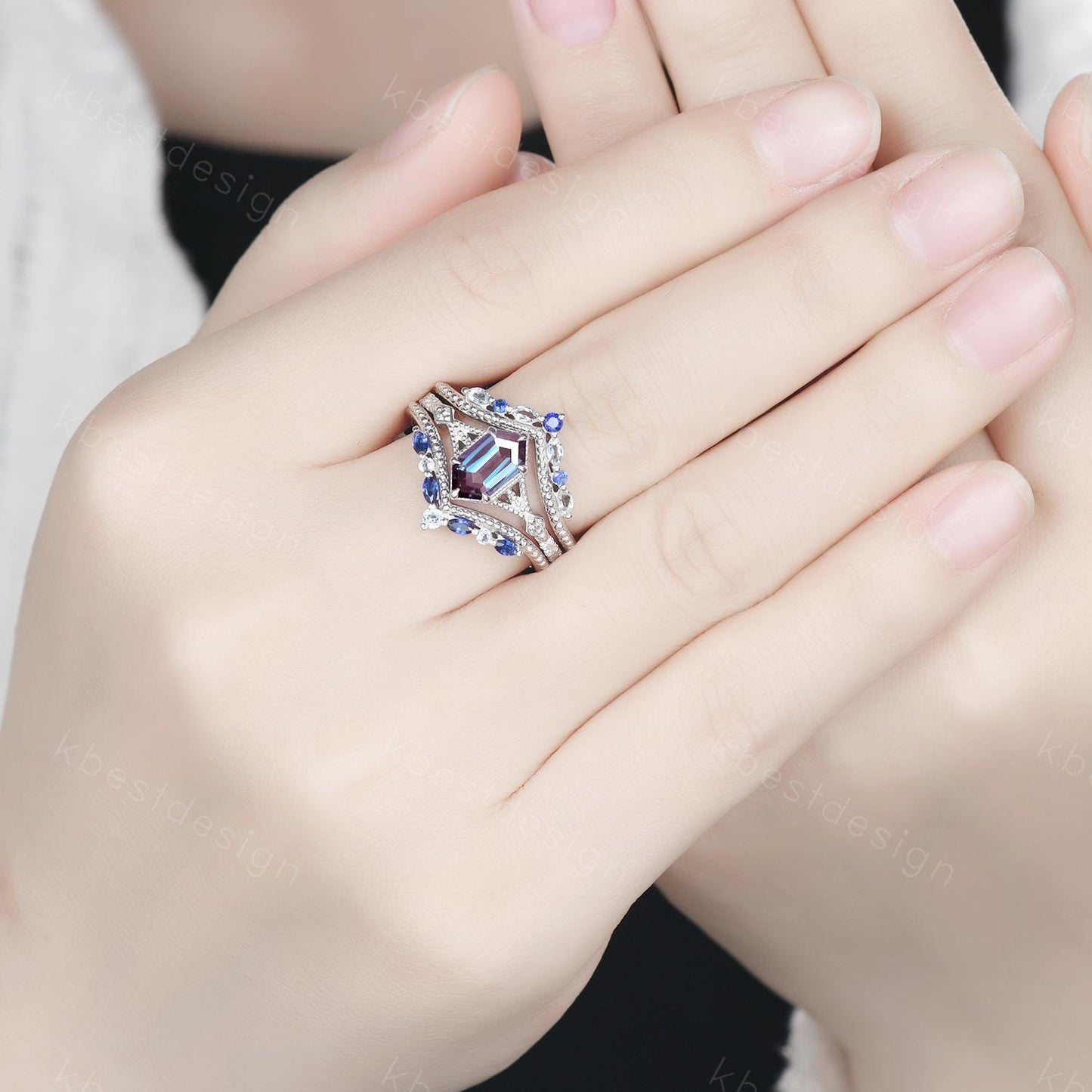 Vintage Alexandrite engagement ring Set Unique art deco milgrain bridal ring Double curved Blue Sapphire wedding band Promise Ring set