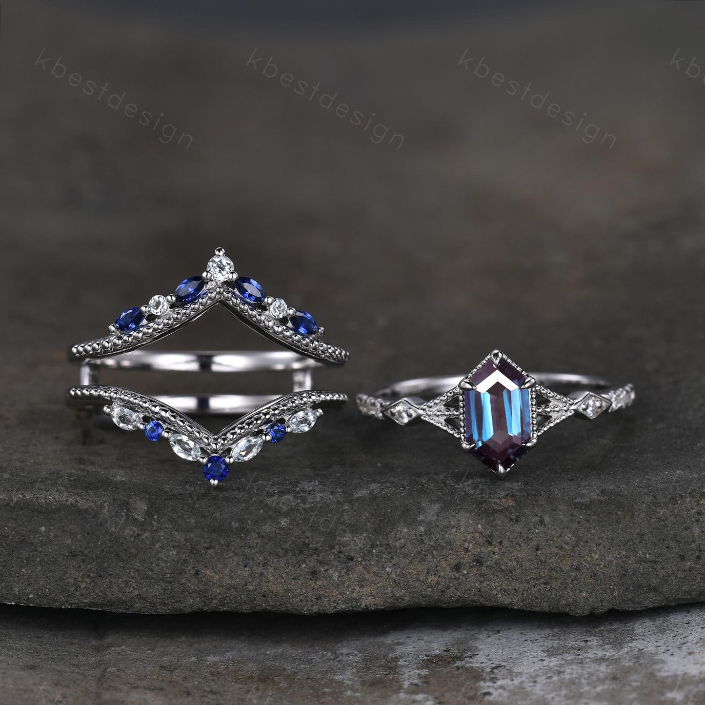 Vintage Alexandrite engagement ring Set Unique art deco milgrain bridal ring Double curved Blue Sapphire wedding band Promise Ring set