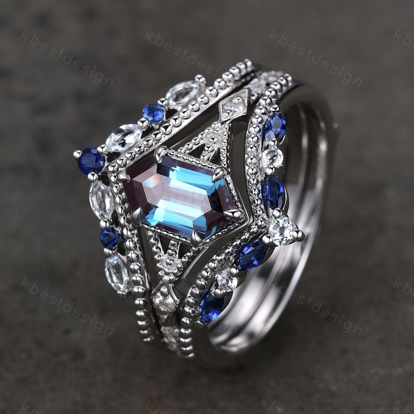 Vintage Alexandrite engagement ring Set Unique art deco milgrain bridal ring Double curved Blue Sapphire wedding band Promise Ring set