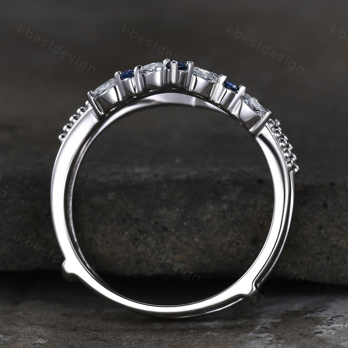 Unique curved Blue Sapphire wedding band art deco double curved aquamarine stacking band vintage marquise enhancer bridal promise ring
