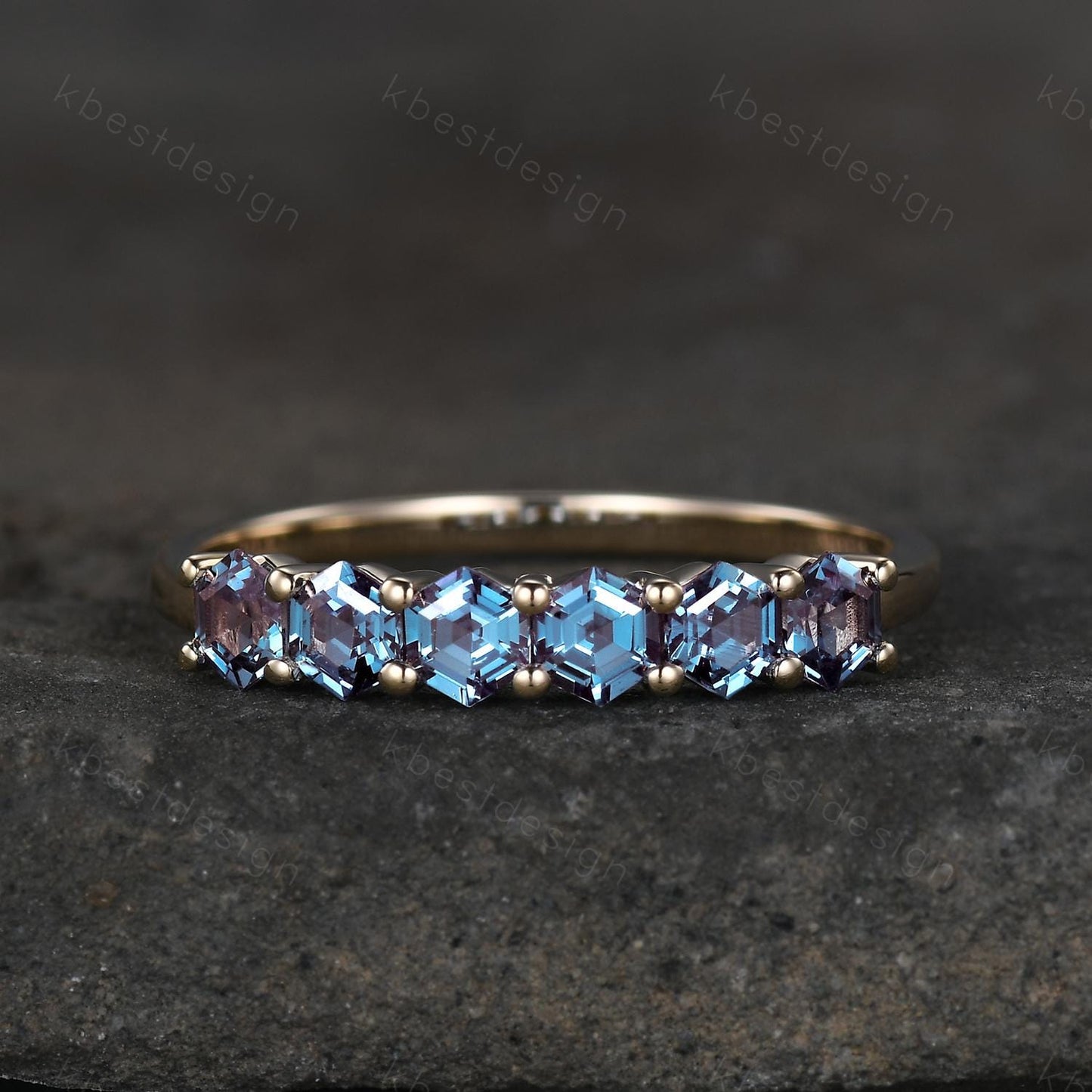 Hexagon cut Alexandrite wedding ring Unique 14k solid gold wedding band 6-stone ring Minimalist Bridal matching stackable band June ring