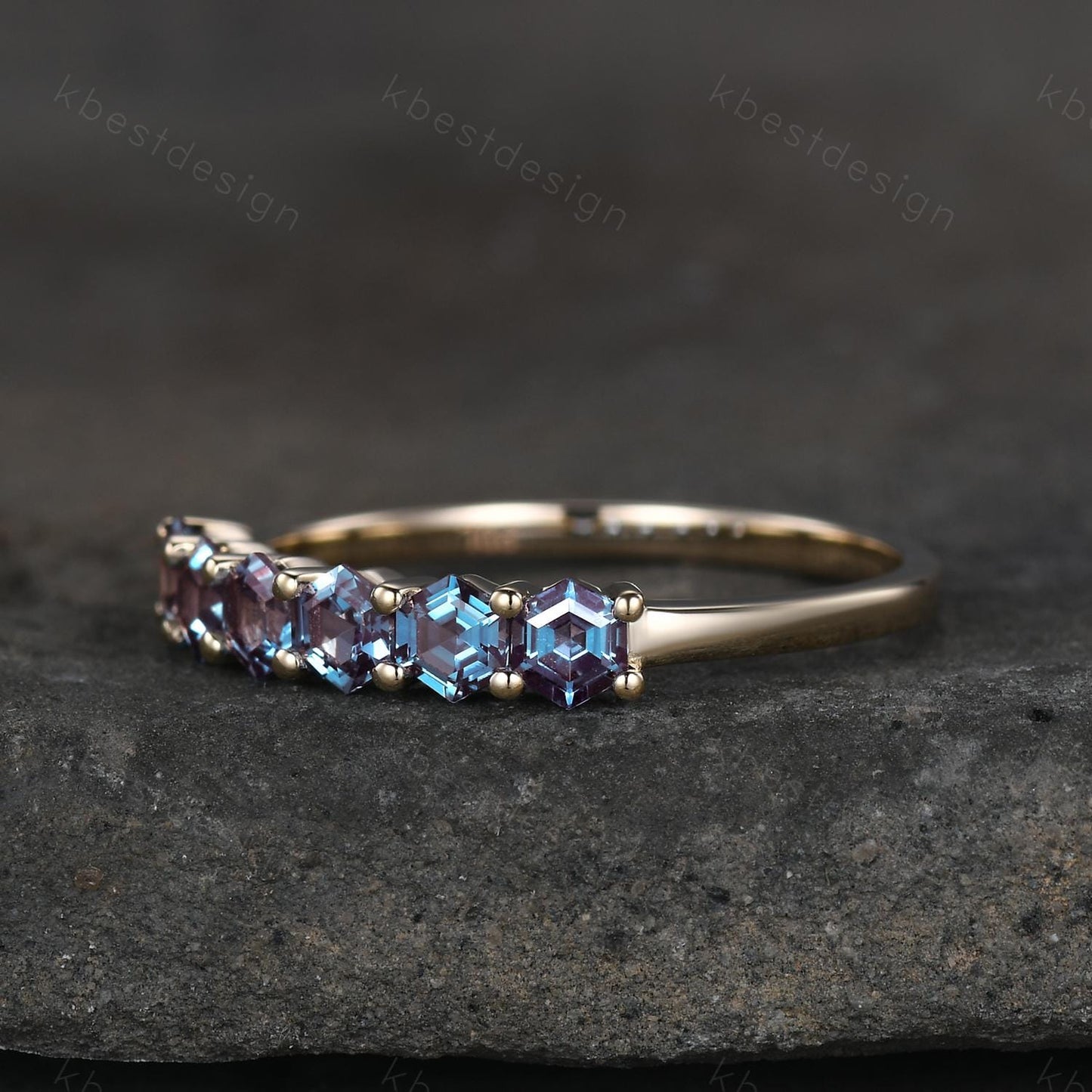 Hexagon cut Alexandrite wedding ring Unique 14k solid gold wedding band 6-stone ring Minimalist Bridal matching stackable band June ring