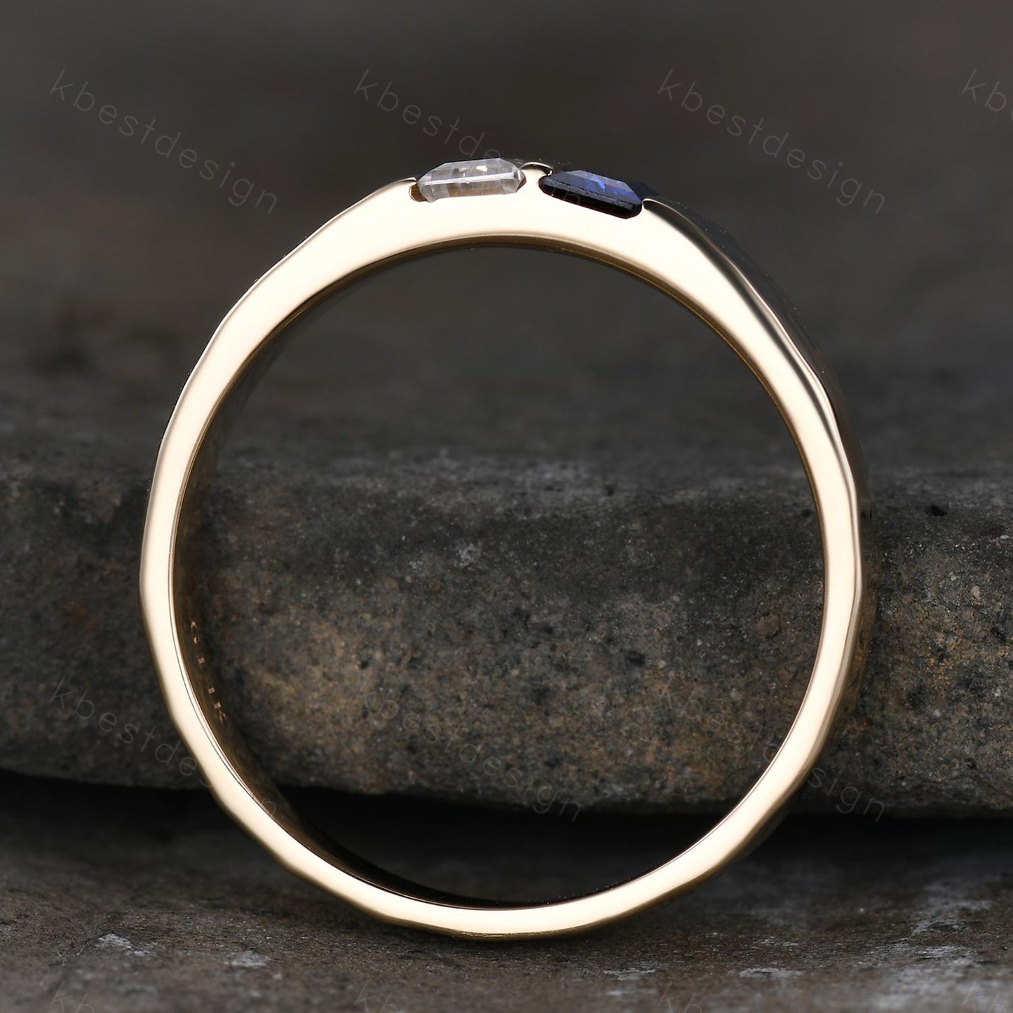 Baguette Blue Sapphire Moissanite Wedding Band Mens Gemstone Wedding Ring 5MM Solid Gold Ring Mens Hammered Stacking Band Personalized Ring