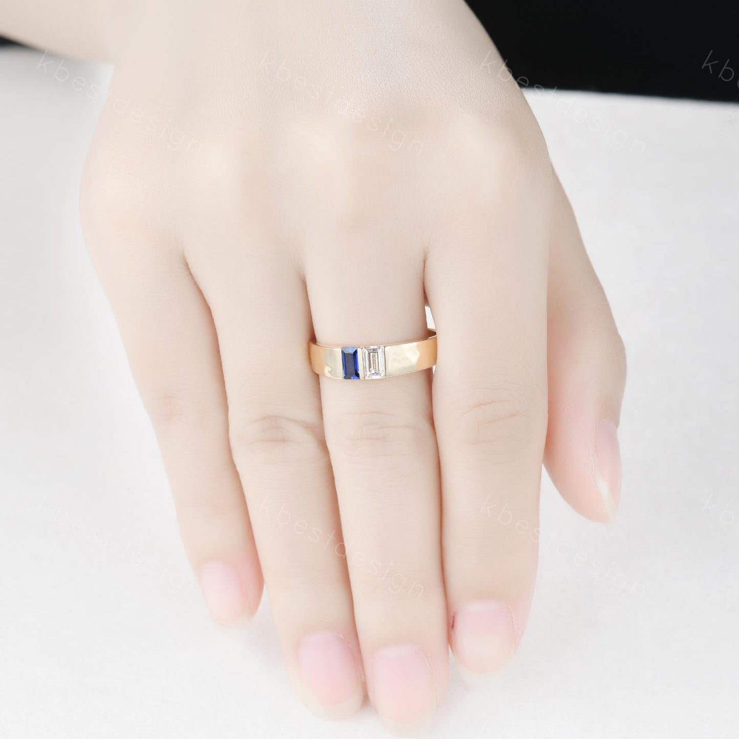 Baguette Blue Sapphire Moissanite Wedding Band Mens Gemstone Wedding Ring 5MM Solid Gold Ring Mens Hammered Stacking Band Personalized Ring