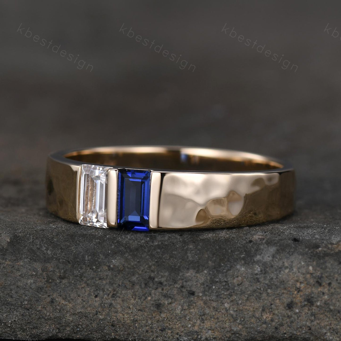 Baguette Blue Sapphire Moissanite Wedding Band Mens Gemstone Wedding Ring 5MM Solid Gold Ring Mens Hammered Stacking Band Personalized Ring