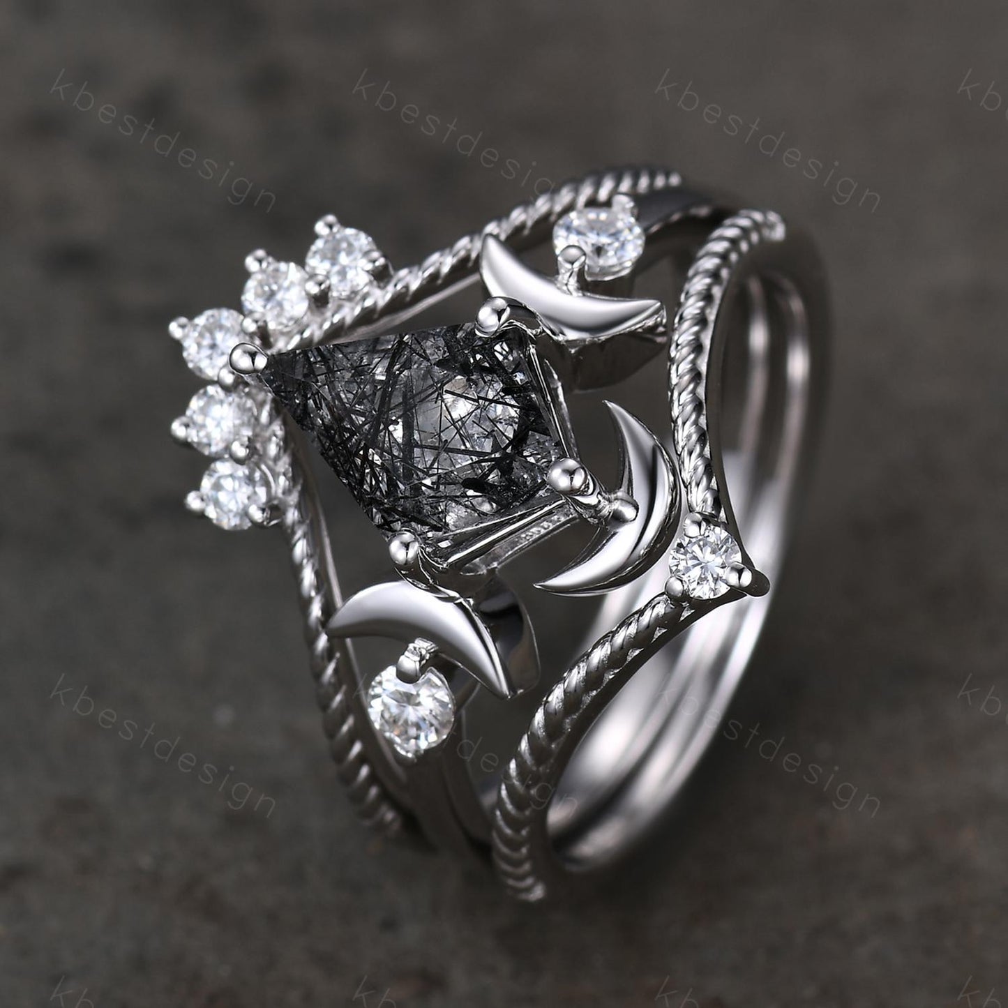 3PCS black rutilated quartz engagement ring set unique moon goddess ring art deco curved mopissanite stacking bridal promise wedding set