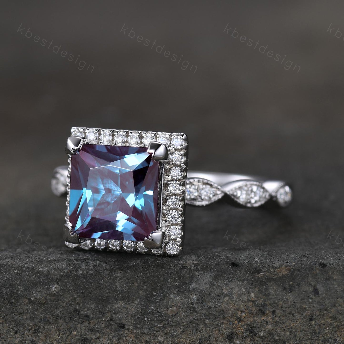 7mm Princess cut Alexandrite Engagement Ring Unique Art Deco Moissanite Halo Ring Square Ring Alexandrite Bridal Jewelry June Promise Ring
