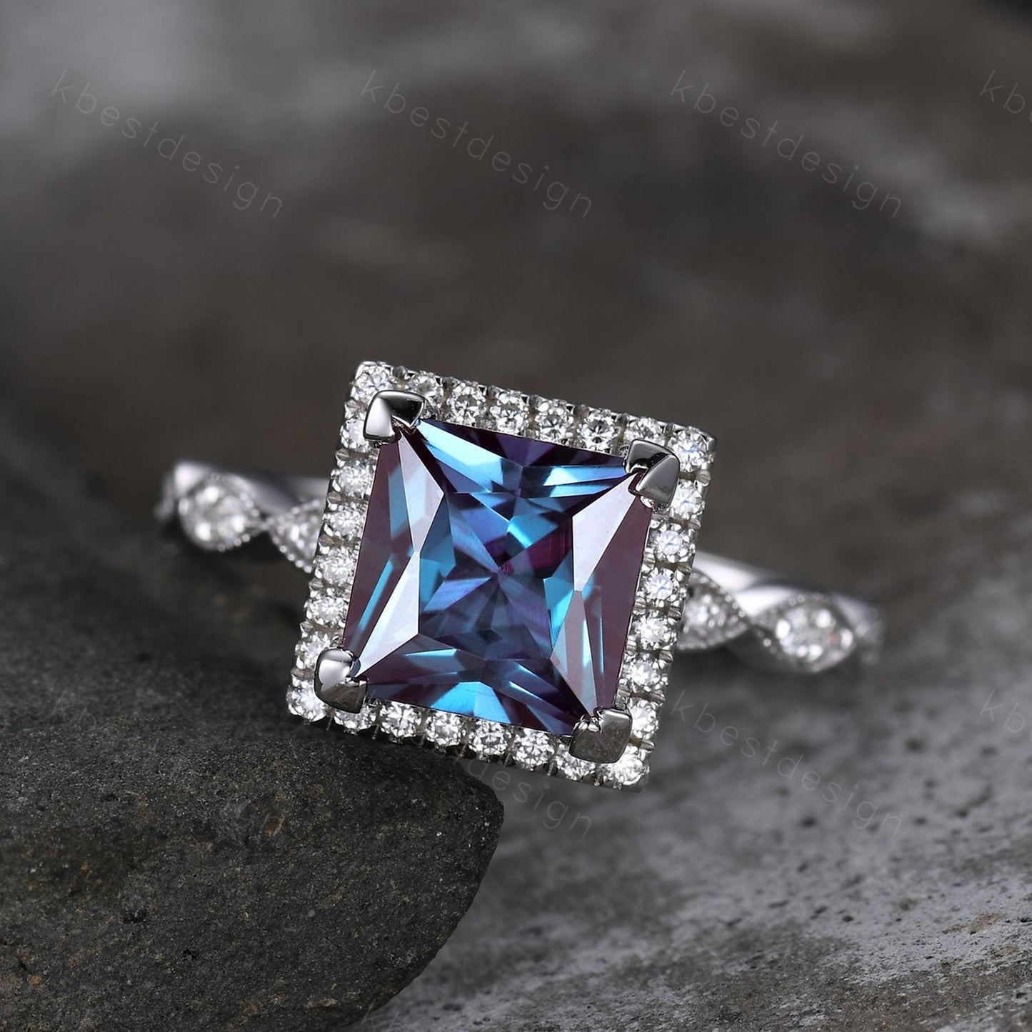 7mm Princess cut Alexandrite Engagement Ring Unique Art Deco Moissanite Halo Ring Square Ring Alexandrite Bridal Jewelry June Promise Ring