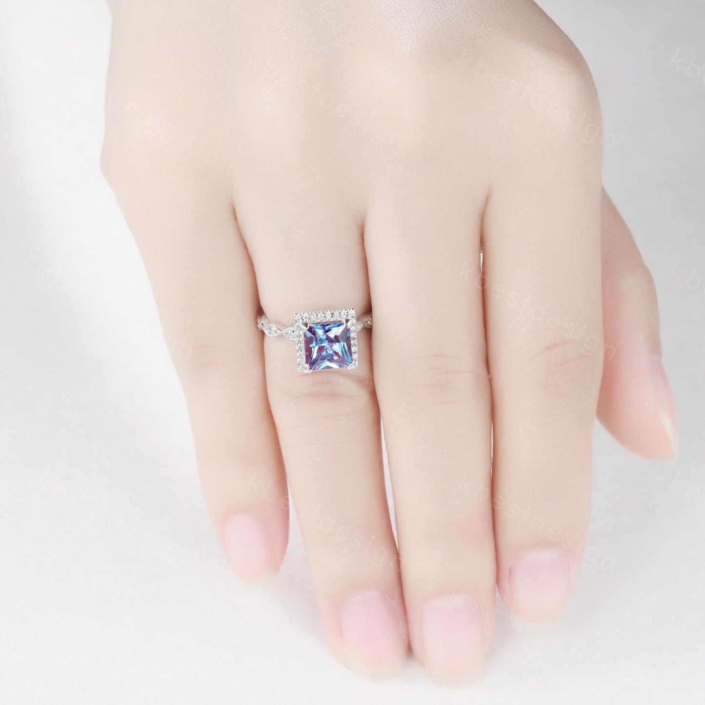 7mm Princess cut Alexandrite Engagement Ring Unique Art Deco Moissanite Halo Ring Square Ring Alexandrite Bridal Jewelry June Promise Ring