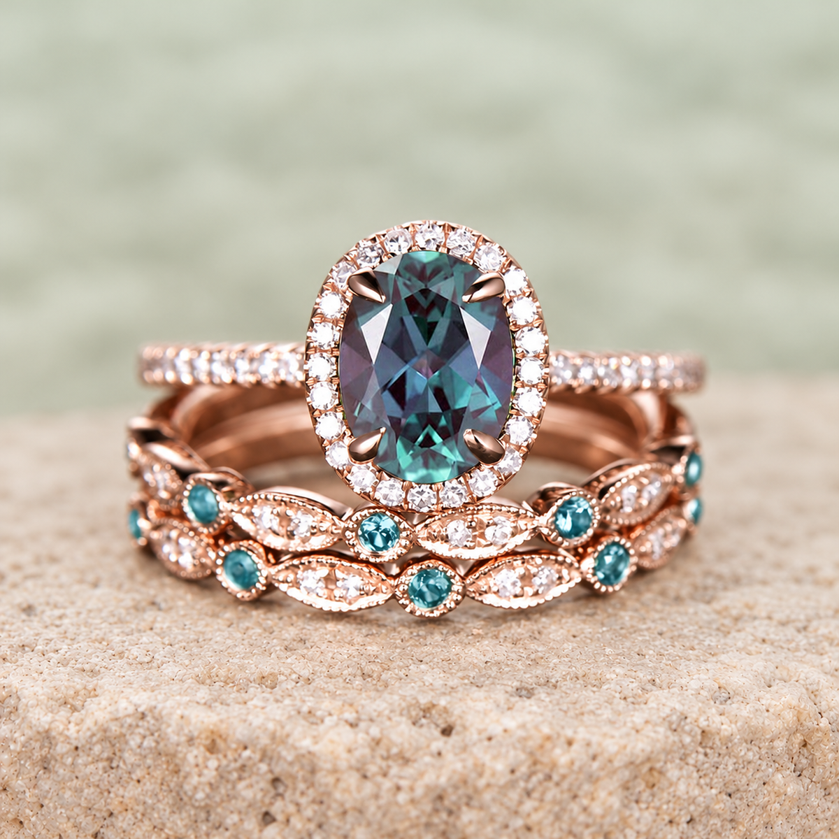 Oval Alexandrite Halo Bridal Ring Set — front view