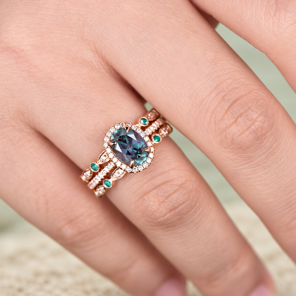 Oval Alexandrite Halo Bridal Ring Set — detail 2